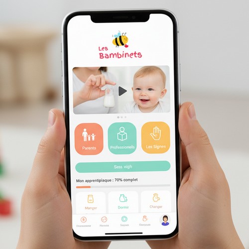 Image d'un smartphone affichant un prototype d'une application mobile d'apprentissage du langage des signes bébé
