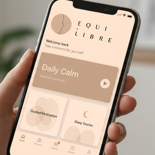 Image d'un smartphone affichant une application mobile sur la santé mentale. L'application affiche le résultat d'un wireframe