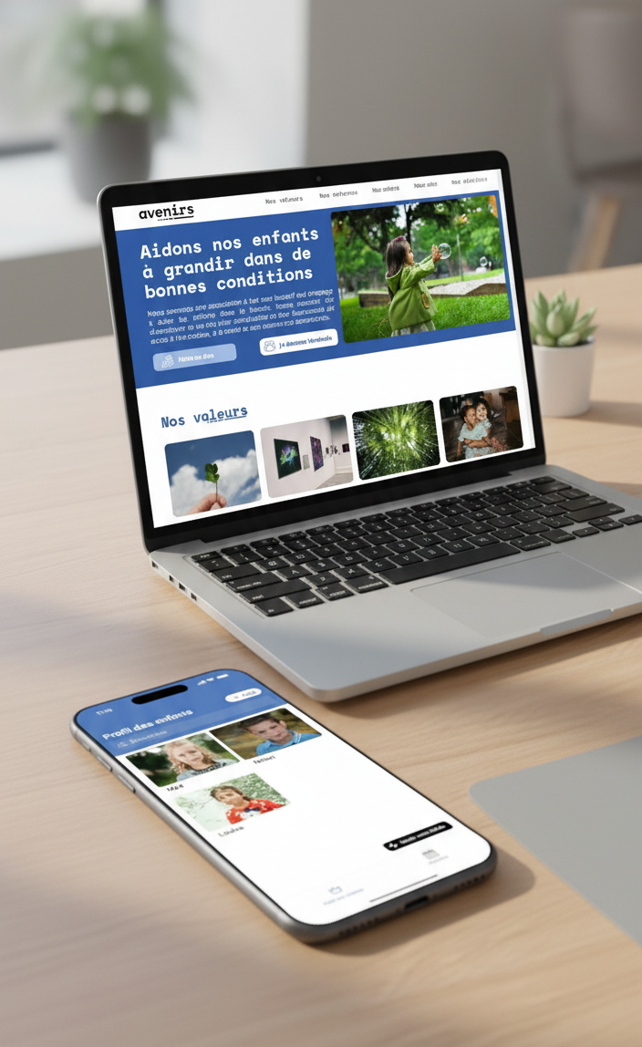 Photo d'un ordinateur portable ouvert sur une page internet représentant une landing page et d'un smartphone représentant une application mobile d'une association