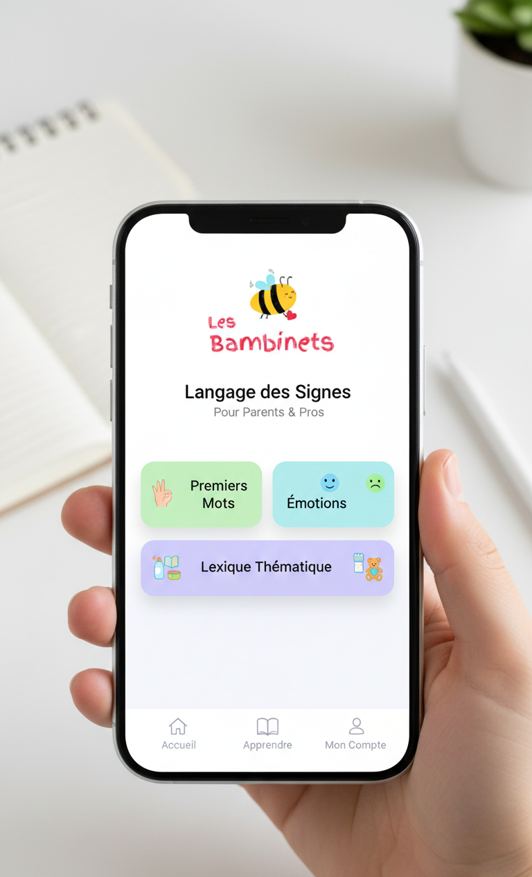 Photo d'une personne tenant un smartphone représentant le prototype d'une application mobile de langage des signes bebe