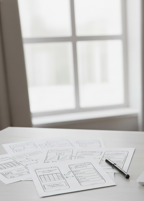 Représentation de wireframe d'application mobile dessinés sur des feuilles de papiers posées sur un bureau