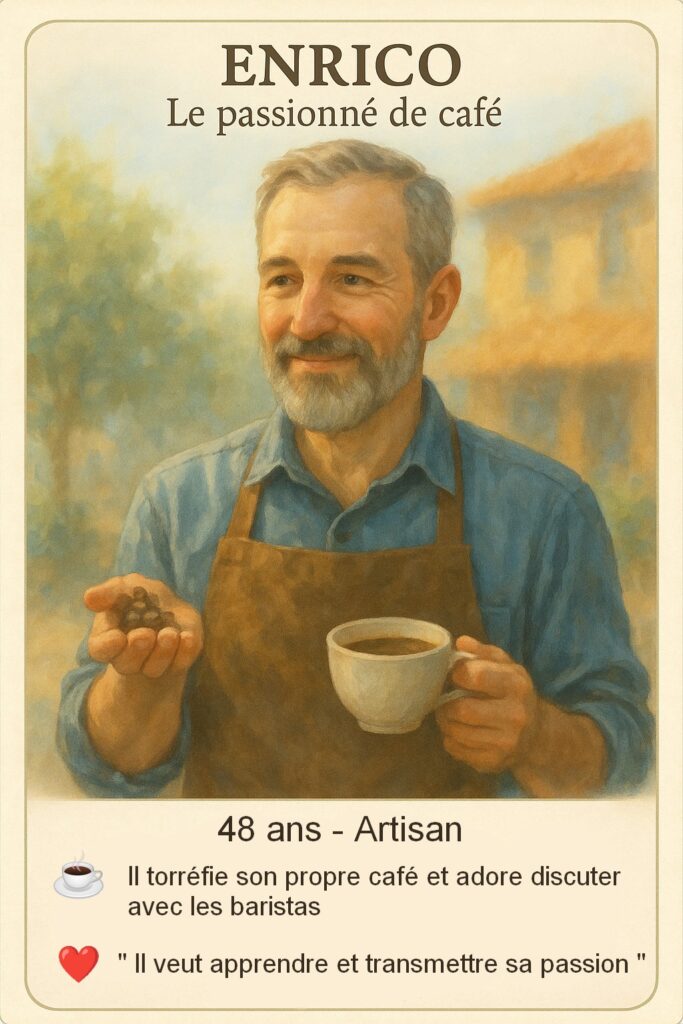 Carte rôle de l'atelier de co-conception qui représente le persona Enrico, l'amateur de café qui torréfie lui même son café.