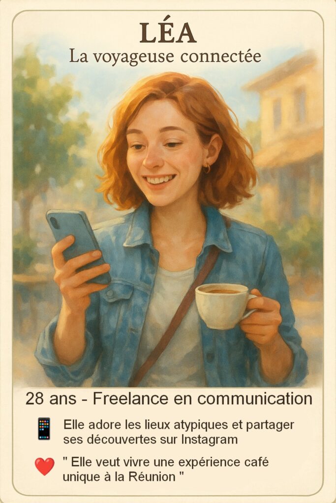 Carte rôle de l'atelier de co-conception qui représente le persona Léa, la voyageuse connectée qui aime les lieux atypiques.