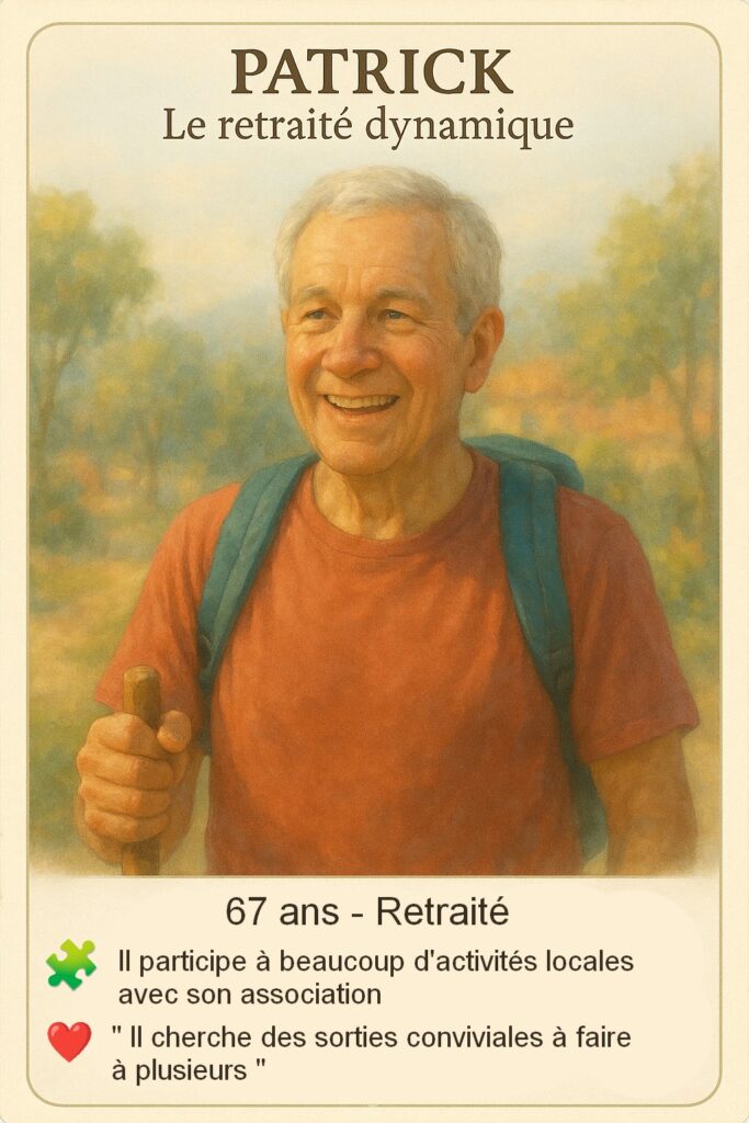 Carte rôle de l'atelier de co-conception qui représente le persona Patrick, le retraité dynamique qui aime participer aux activités locales.