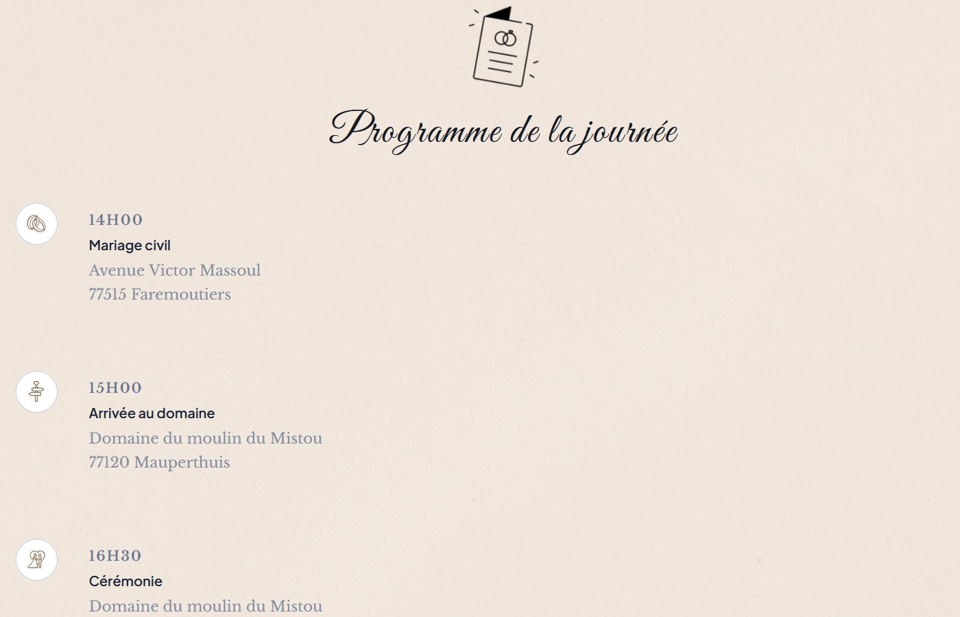 Image d'un programme de journée de mariage d'un faire-part numérique à partir d'une landing page