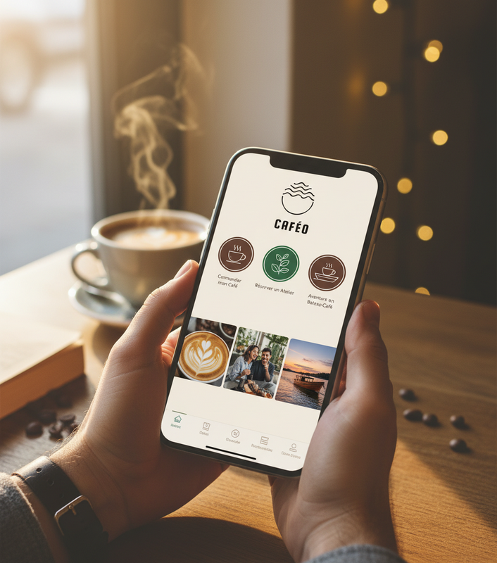 Photo montrant une personne tenant son smartphone et parcours l'application de vente de café.
