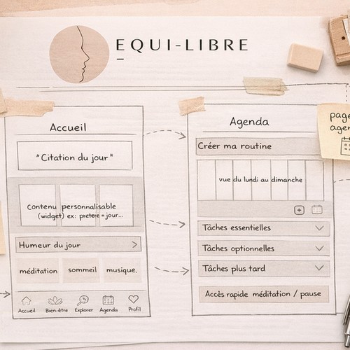 Image d'un wireframe en cours de création avec plusieurs annotations sur le côté.