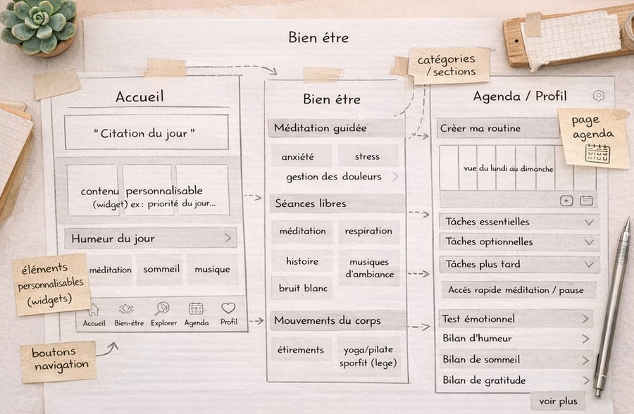 Image d'un wireframe en cours de création avec plusieurs annotations sur le côté.